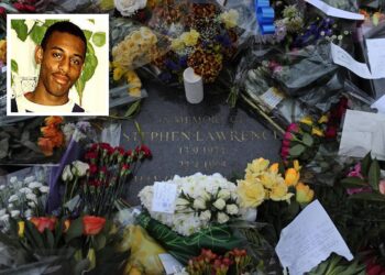 Stephen Lawrence photo, grave stone and flowers