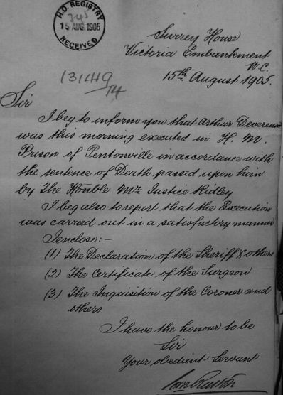 Confirmation of Devereux's execution, The National Archives 
