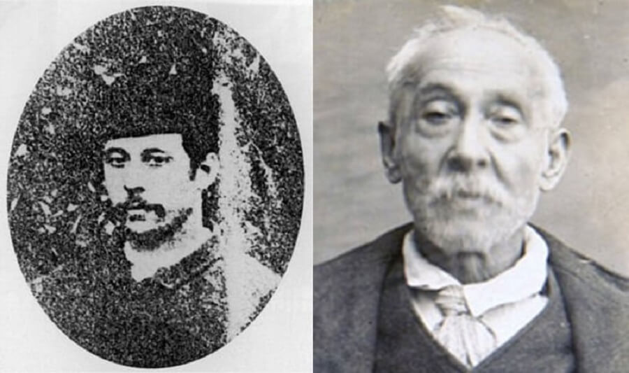 An alleged James Kelly photo from the 1880s (left) and James Kelly in a 1927 mugshot (right)