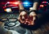 hands in handcuffs with police lights behind