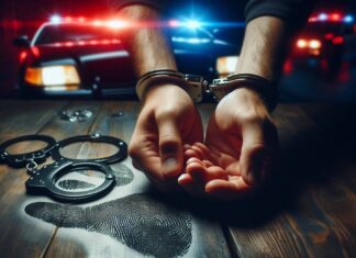 hands in handcuffs with police lights behind
