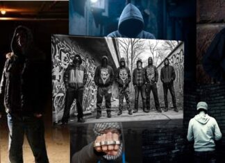 images of hooded figures with gang group in the middle