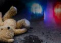 A teddy on the ground with emergency lights in the background