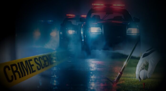 Police cars, police tape and a golf ball and club.
