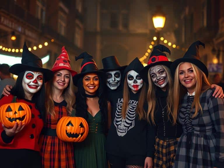 Group of seven women in Halloween costumes with face paint and witch hats posing on a festive city street at night.