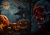 A spooky Halloween scene featuring glowing jack-o'-lanterns in the foreground, a haunted house silhouetted against a full moon, and a red-illuminated skull mask in the right foreground.