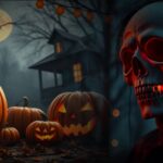 A spooky Halloween scene featuring glowing jack-o'-lanterns in the foreground, a haunted house silhouetted against a full moon, and a red-illuminated skull mask in the right foreground.