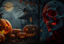 A spooky Halloween scene featuring glowing jack-o'-lanterns in the foreground, a haunted house silhouetted against a full moon, and a red-illuminated skull mask in the right foreground.