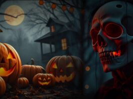 A spooky Halloween scene featuring glowing jack-o'-lanterns in the foreground, a haunted house silhouetted against a full moon, and a red-illuminated skull mask in the right foreground.