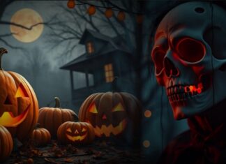 A spooky Halloween scene featuring glowing jack-o'-lanterns in the foreground, a haunted house silhouetted against a full moon, and a red-illuminated skull mask in the right foreground.
