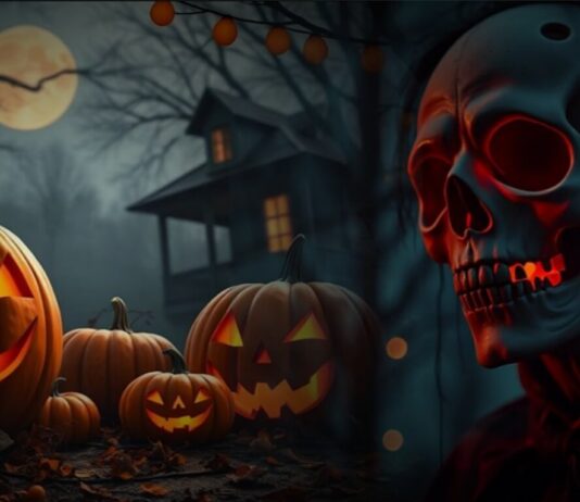 A spooky Halloween scene featuring glowing jack-o'-lanterns in the foreground, a haunted house silhouetted against a full moon, and a red-illuminated skull mask in the right foreground.
