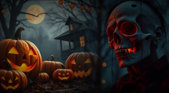 A spooky Halloween scene featuring glowing jack-o'-lanterns in the foreground, a haunted house silhouetted against a full moon, and a red-illuminated skull mask in the right foreground.